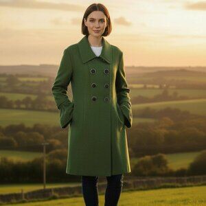 Calvin Klein Forest Green Wool Blend Double Breasted Knee Length Coat, XL